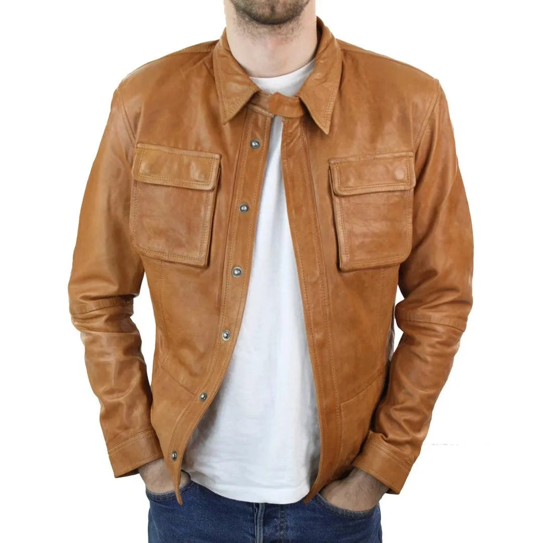Mens Stud Shirt Real Leather Jacket Tan Grey Black Vintage Skinny Slim Fit Retro
