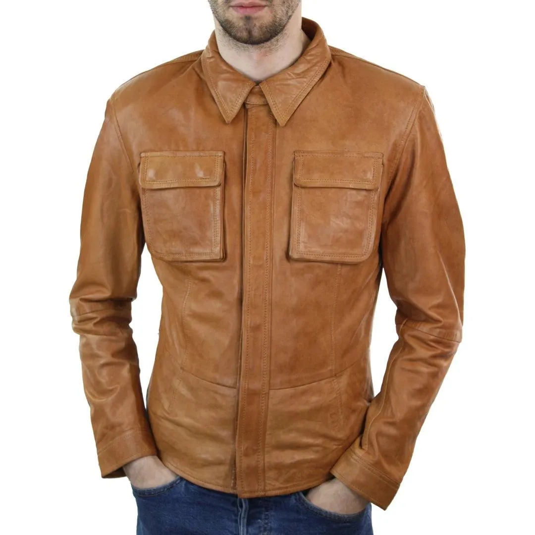 Mens Stud Shirt Real Leather Jacket Tan Grey Black Vintage Skinny Slim Fit Retro