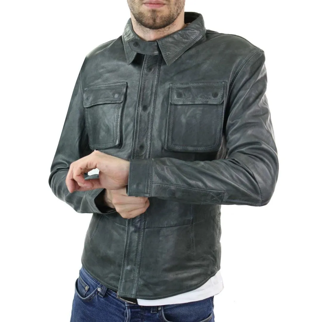 Mens Stud Shirt Real Leather Jacket Tan Grey Black Vintage Skinny Slim Fit Retro