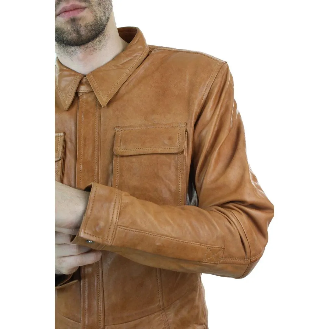 Mens Stud Shirt Real Leather Jacket Tan Grey Black Vintage Skinny Slim Fit Retro