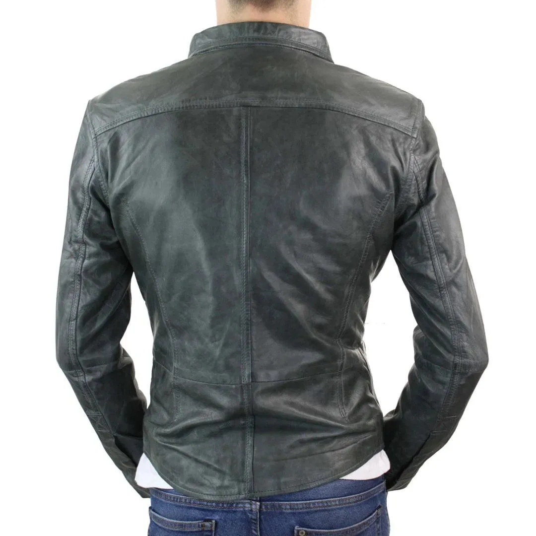 Mens Stud Shirt Real Leather Jacket Tan Grey Black Vintage Skinny Slim Fit Retro