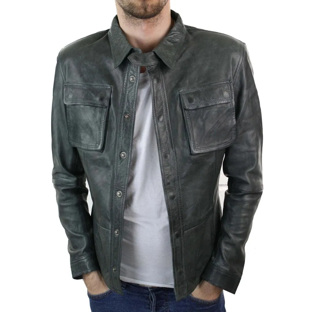 Mens Stud Shirt Real Leather Jacket Tan Grey Black Vintage Skinny Slim Fit Retro