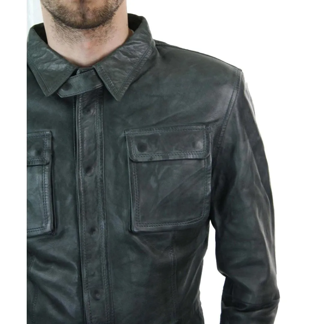 Mens Stud Shirt Real Leather Jacket Tan Grey Black Vintage Skinny Slim Fit Retro