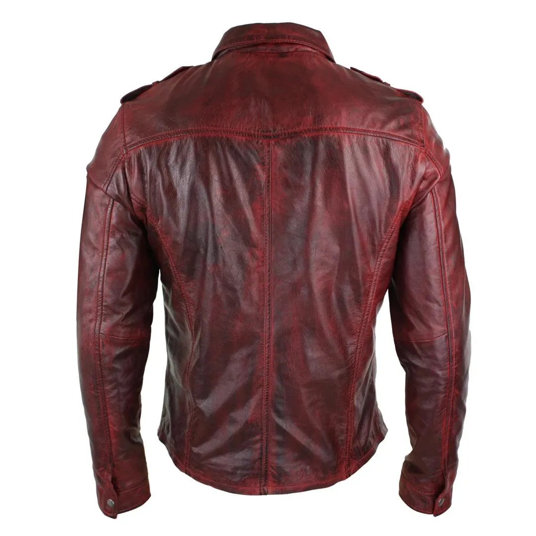 Mens Tan Timber Wine Red Washed Slim Fit Shirt Jacket Retro Smart Casual Genuine Leather