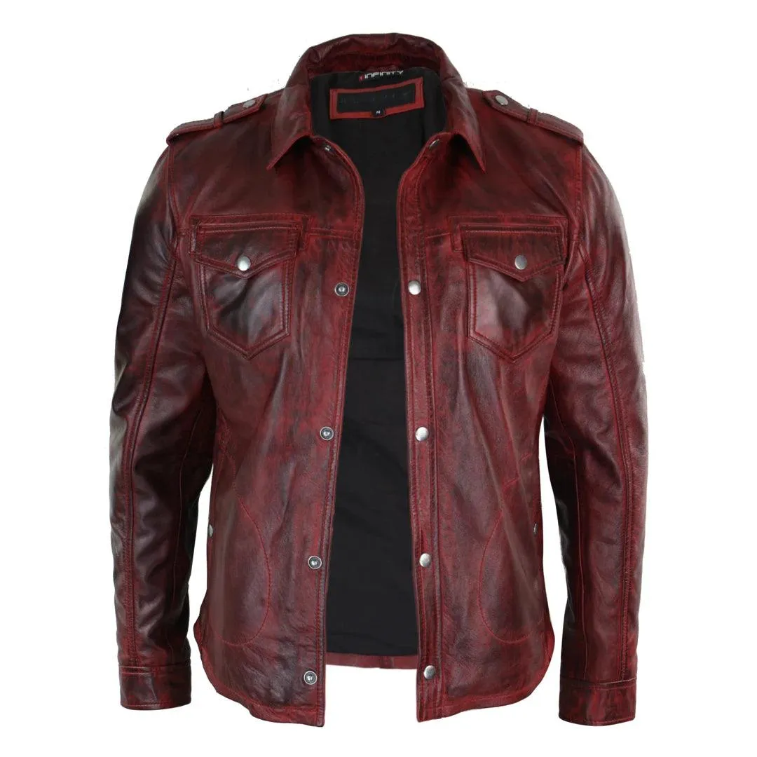 Mens Tan Timber Wine Red Washed Slim Fit Shirt Jacket Retro Smart Casual Genuine Leather