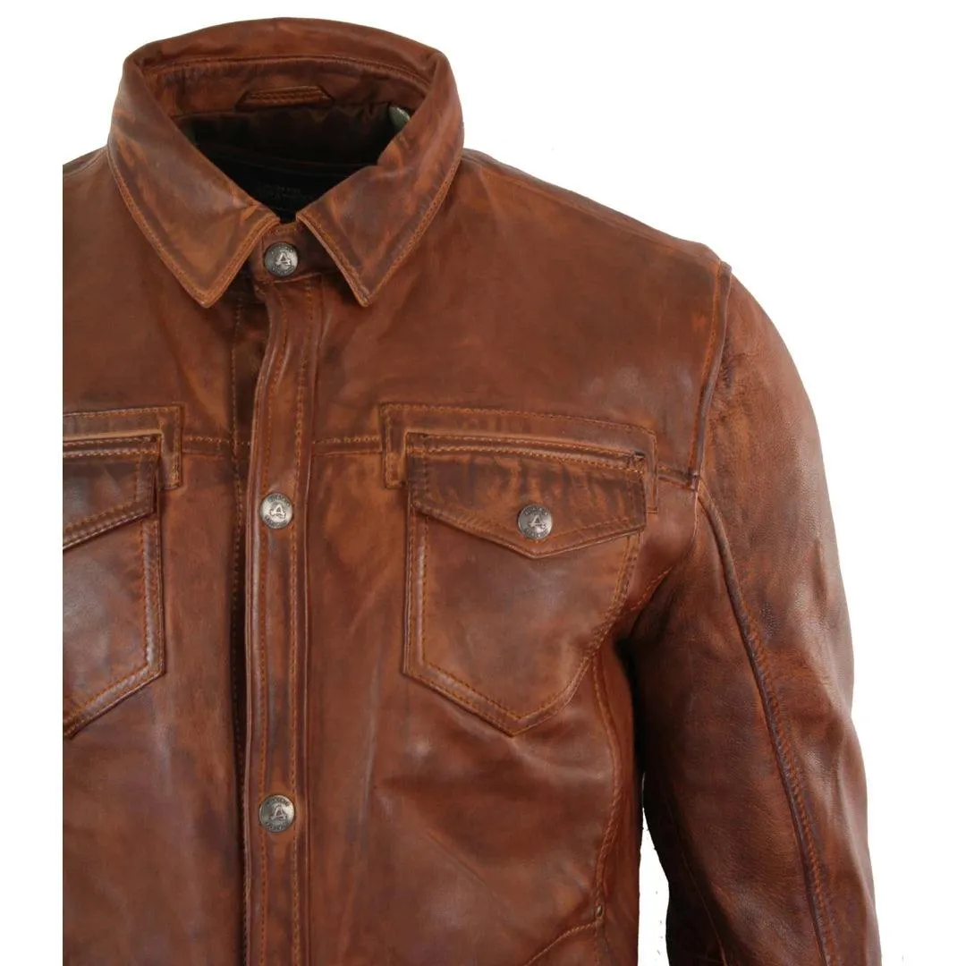 Mens Tan Timber Wine Red Washed Slim Fit Shirt Jacket Retro Smart Casual Genuine Leather
