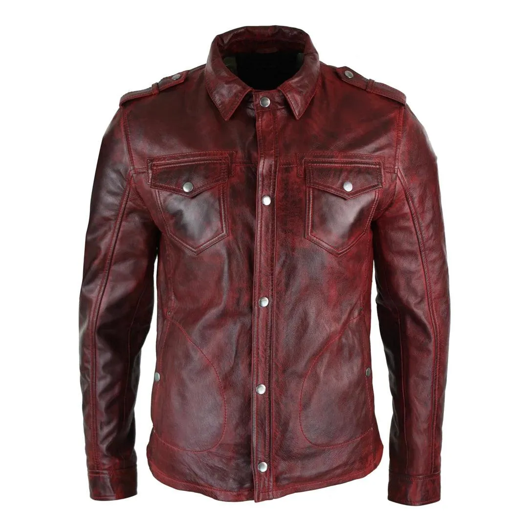 Mens Tan Timber Wine Red Washed Slim Fit Shirt Jacket Retro Smart Casual Genuine Leather