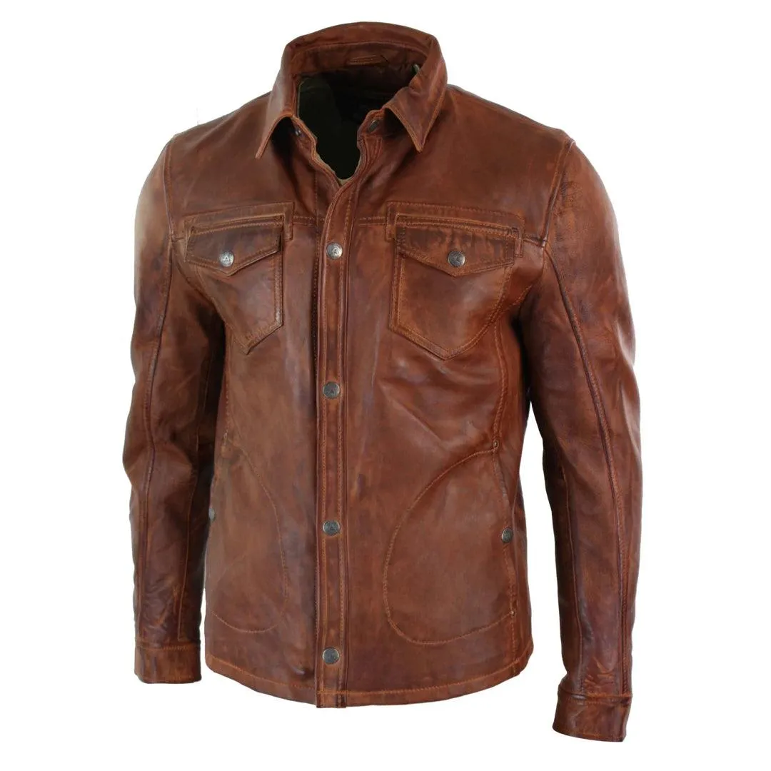 Mens Tan Timber Wine Red Washed Slim Fit Shirt Jacket Retro Smart Casual Genuine Leather