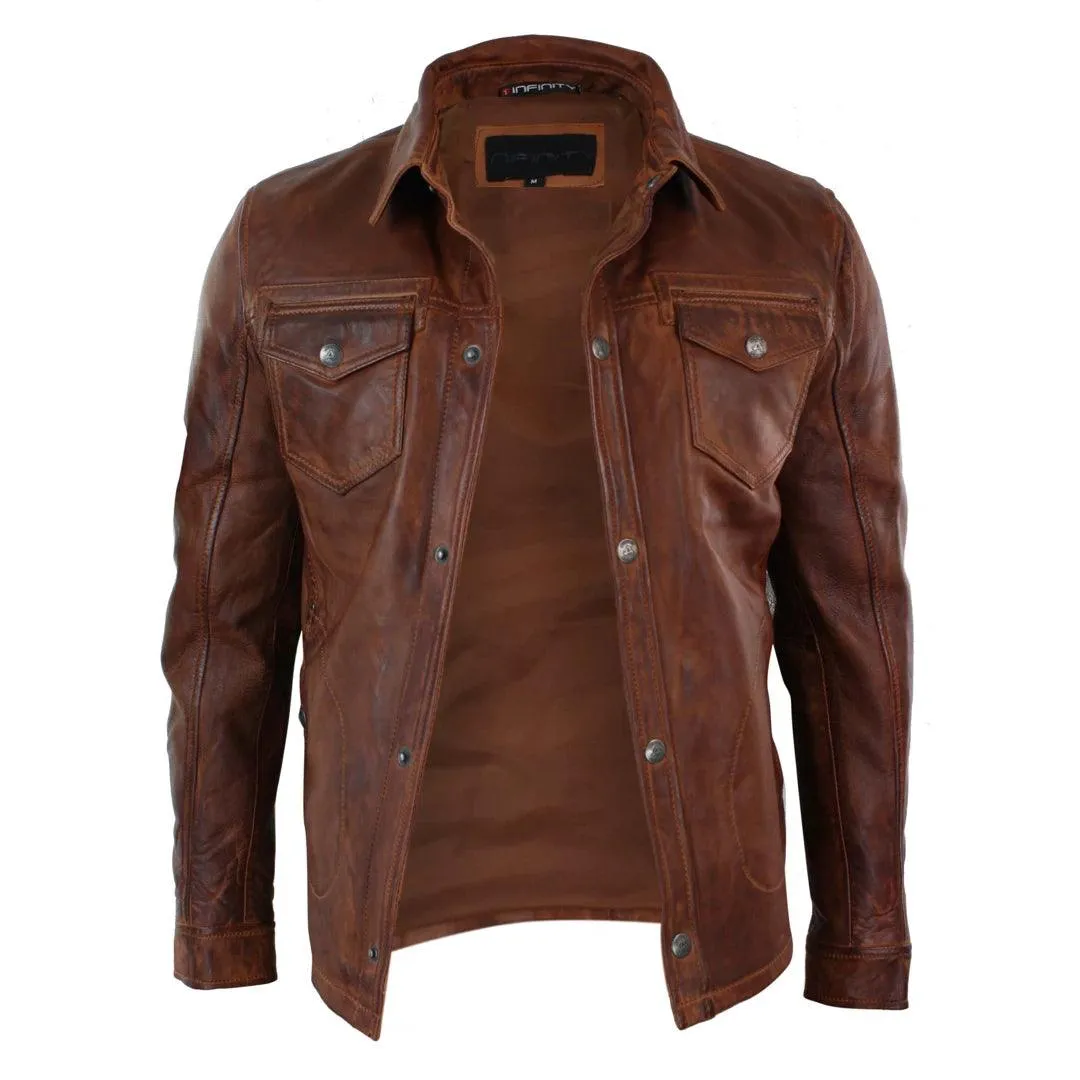 Mens Tan Timber Wine Red Washed Slim Fit Shirt Jacket Retro Smart Casual Genuine Leather