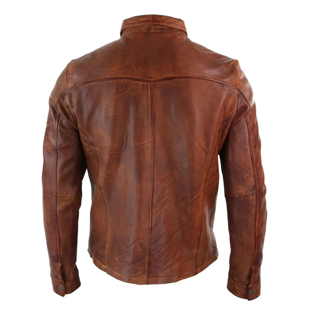 Mens Tan Timber Wine Red Washed Slim Fit Shirt Jacket Retro Smart Casual Genuine Leather