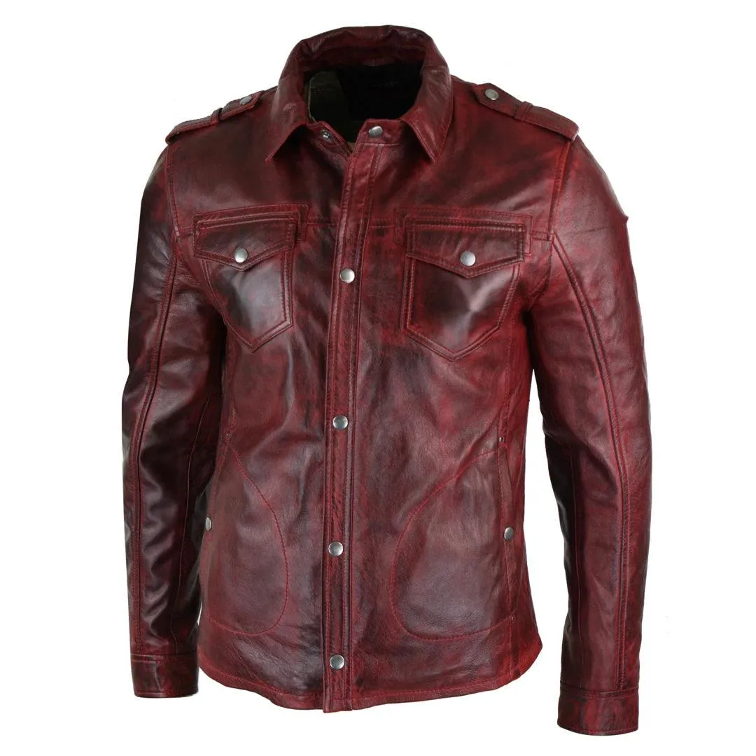 Mens Tan Timber Wine Red Washed Slim Fit Shirt Jacket Retro Smart Casual Genuine Leather