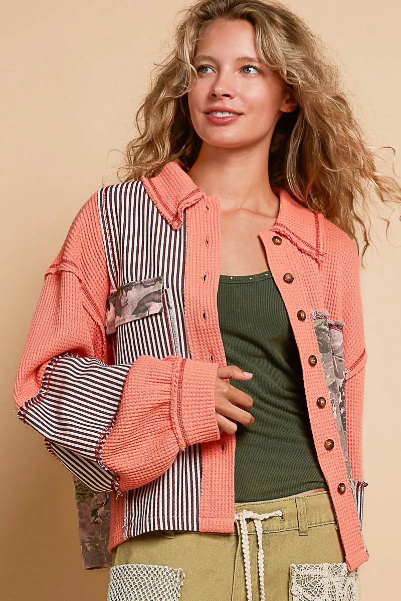 Orange Balloon Sleeve Thermal Edge Detail Collar Jacket