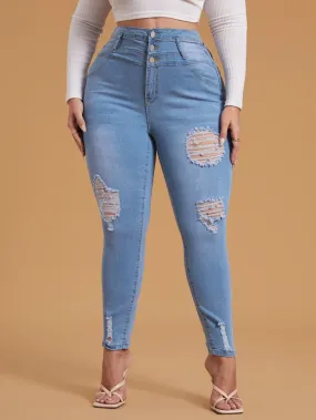Plain Ripped Long Plus Size Jeans