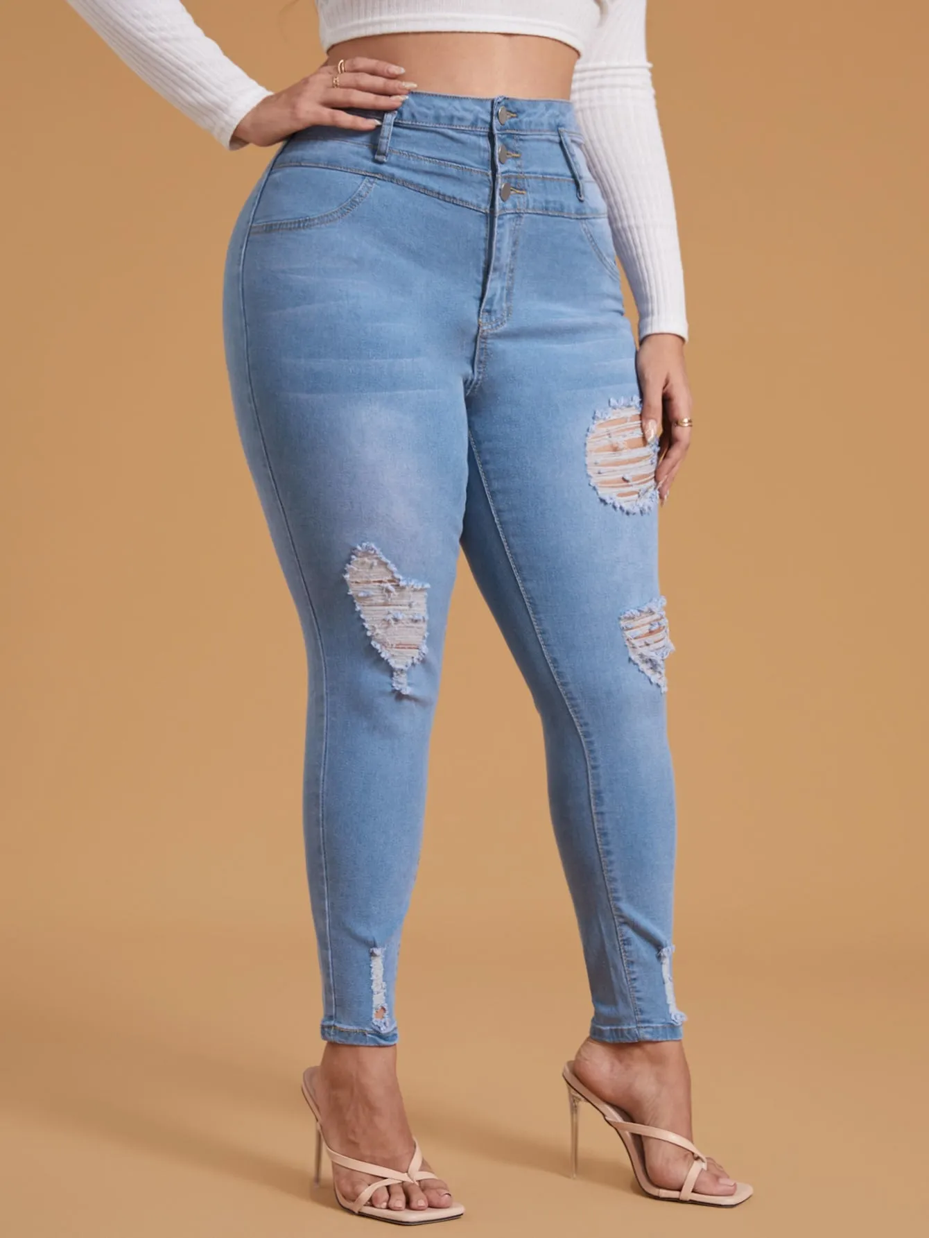 Plain Ripped Long Plus Size Jeans
