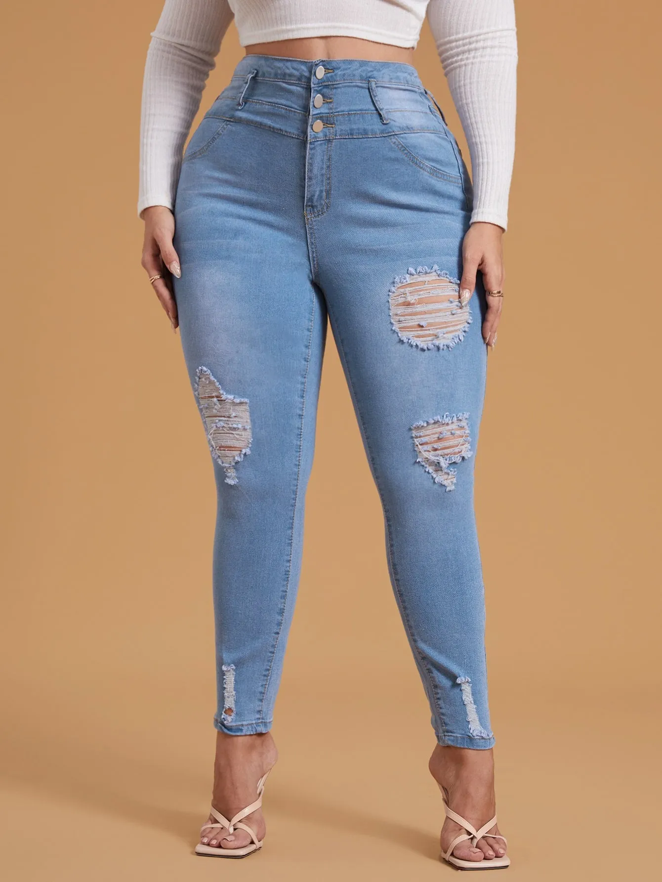 Plain Ripped Long Plus Size Jeans