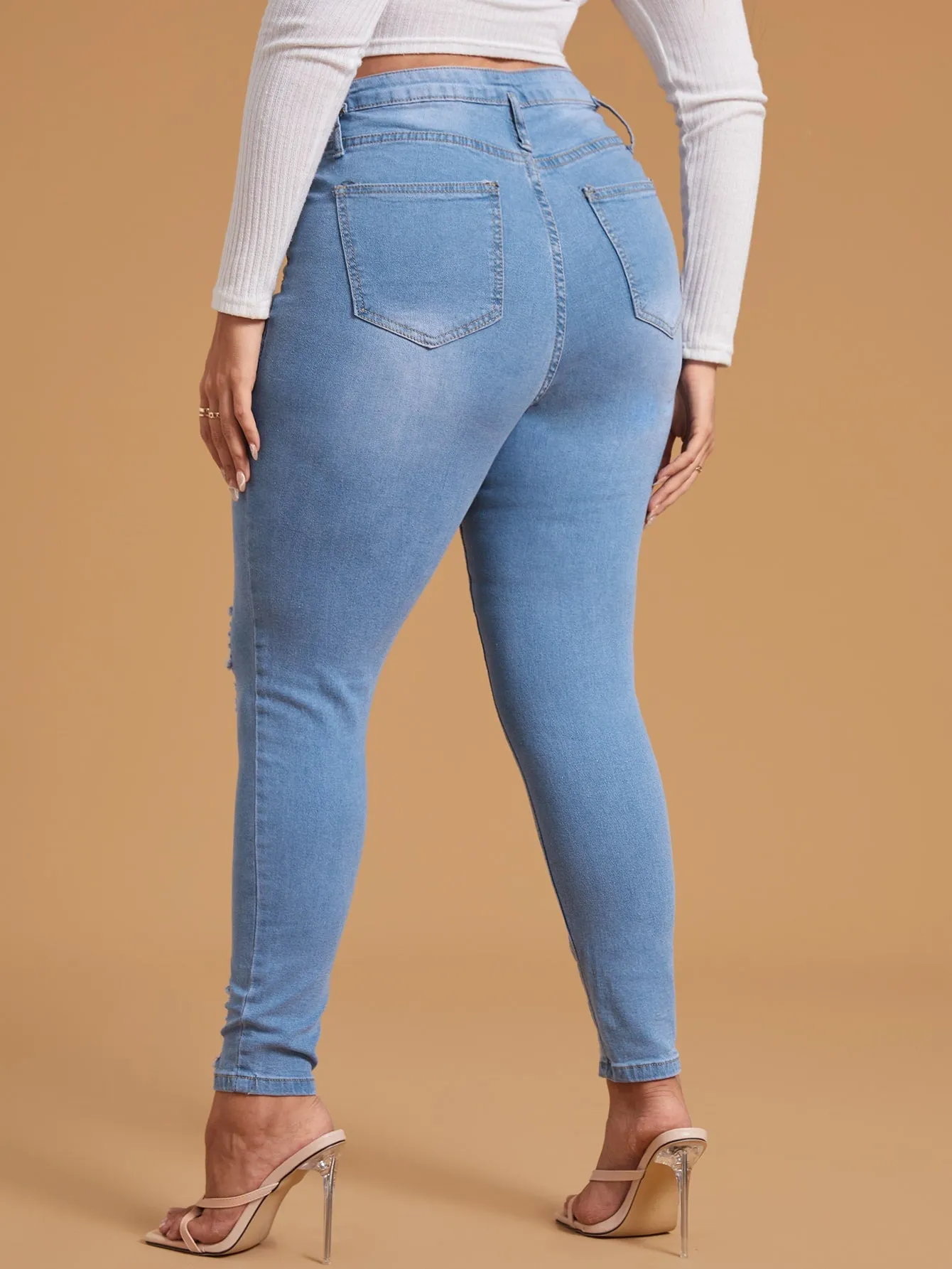 Plain Ripped Long Plus Size Jeans