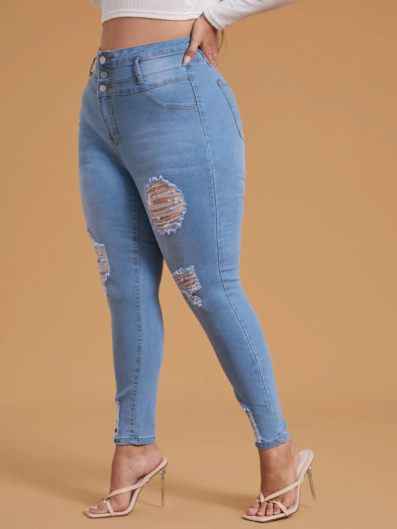 Plain Ripped Long Plus Size Jeans