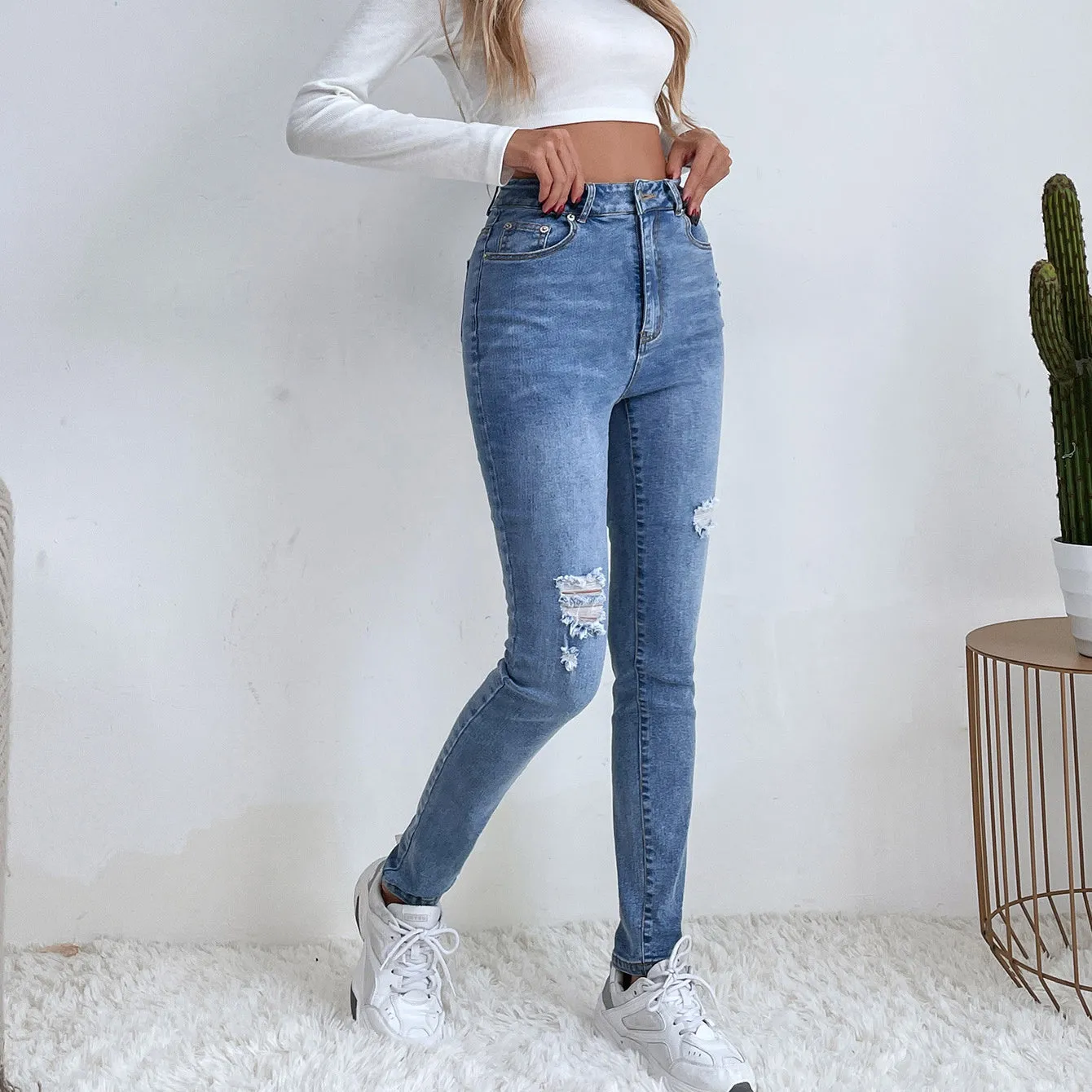 Ripped Distressed Stretch Denim Wholesale Jean Pants With Pockets