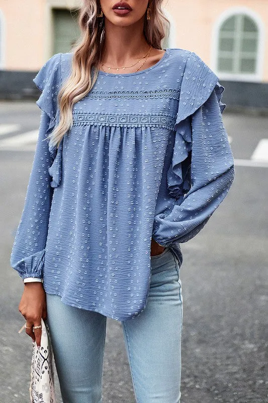 Textured Dots Ruffled Sleeve Blouse