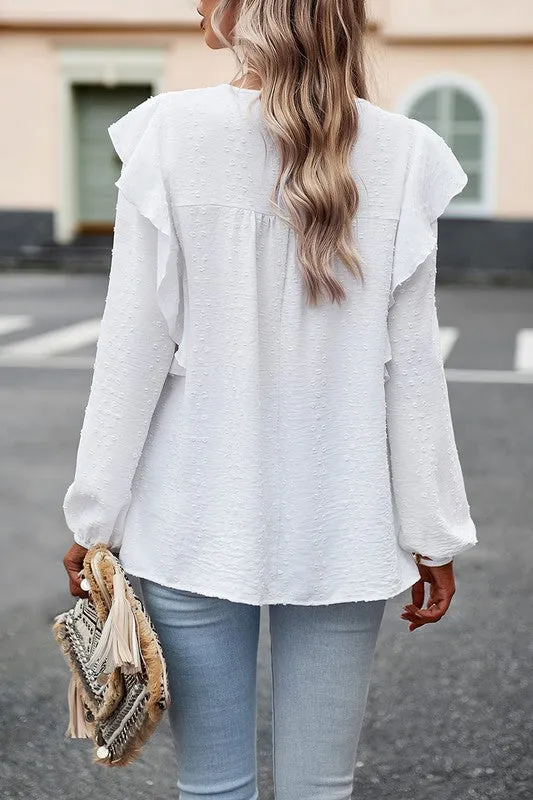 Textured Dots Ruffled Sleeve Blouse