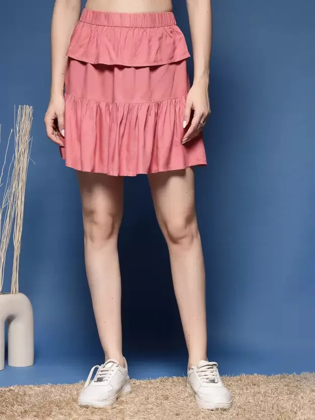 Trendy Pink Tiered Flared Skirt
