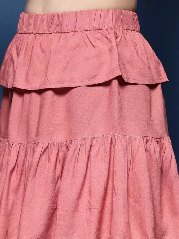 Trendy Pink Tiered Flared Skirt