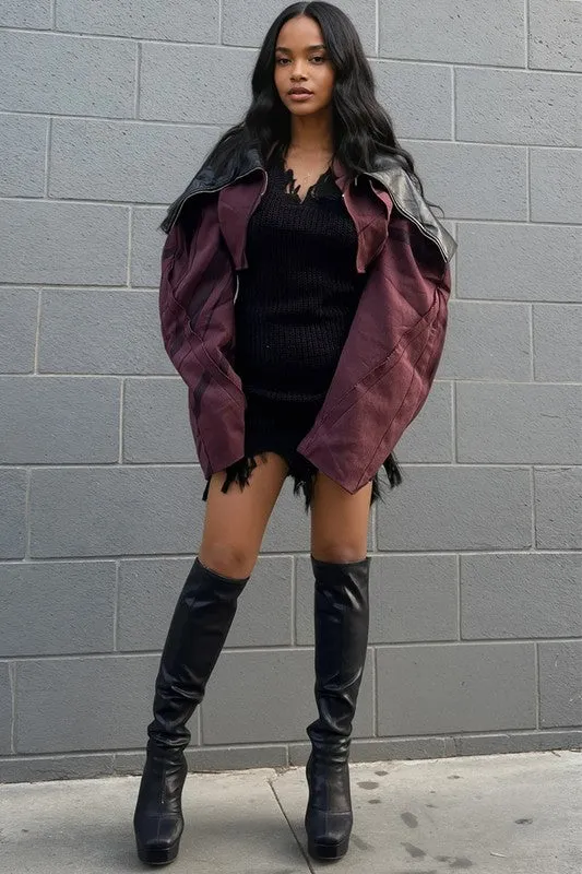 TW0 TONE PUFF SLEEVE BOMBER JACKET