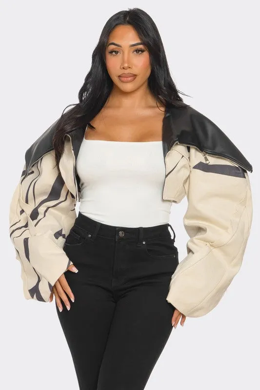 TW0 TONE PUFF SLEEVE BOMBER JACKET