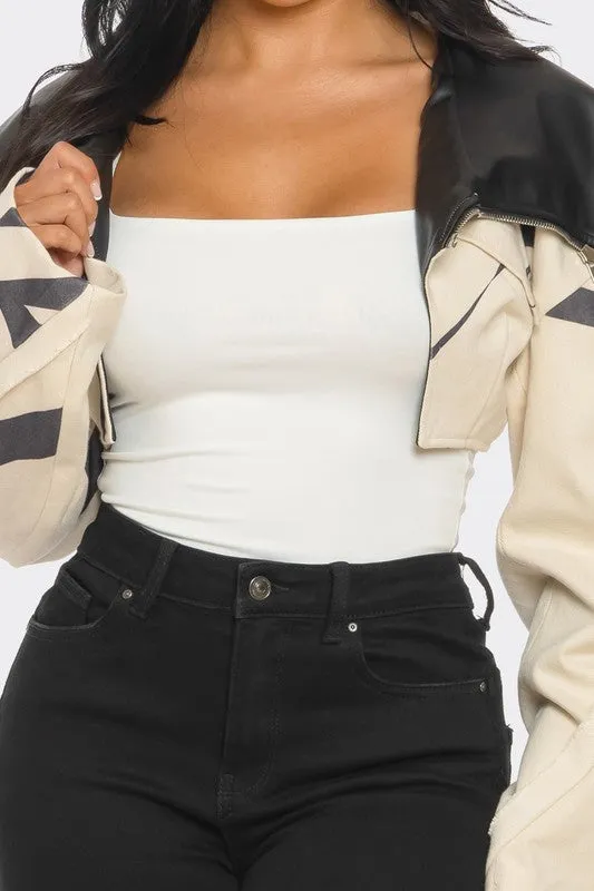 TW0 TONE PUFF SLEEVE BOMBER JACKET