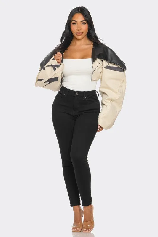 TW0 TONE PUFF SLEEVE BOMBER JACKET
