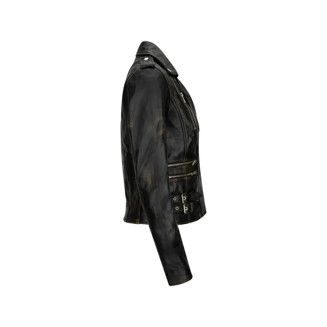 Womens Ladies Real Leather Jacket Racing Style Biker Short Zipped Vintage