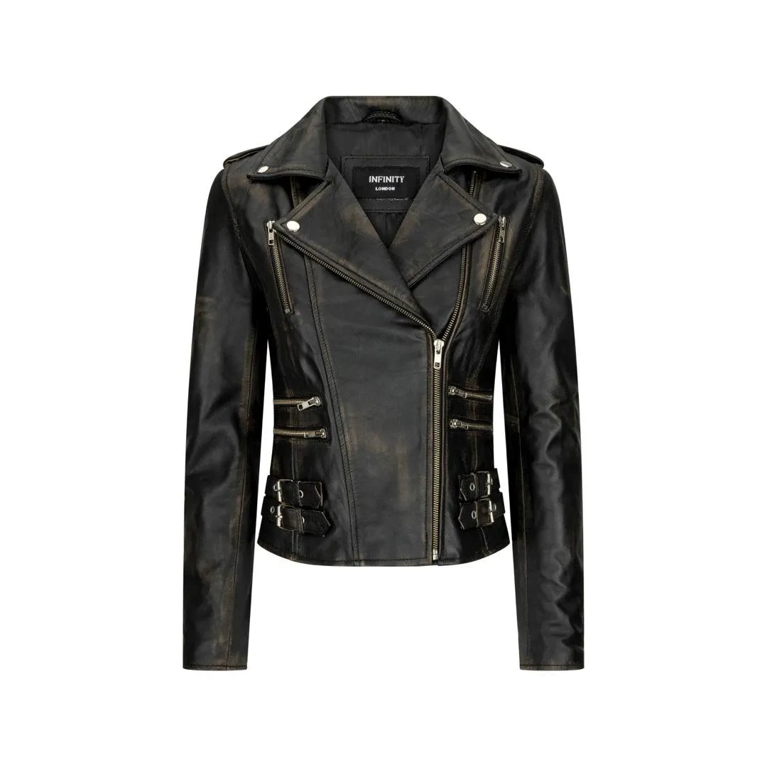 Womens Ladies Real Leather Jacket Racing Style Biker Short Zipped Vintage