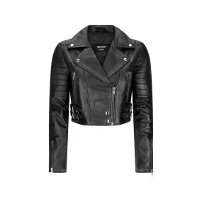 Womens Short Real Leather Jacket Cross Zip Biker Slim Fit Brando Soft Classic