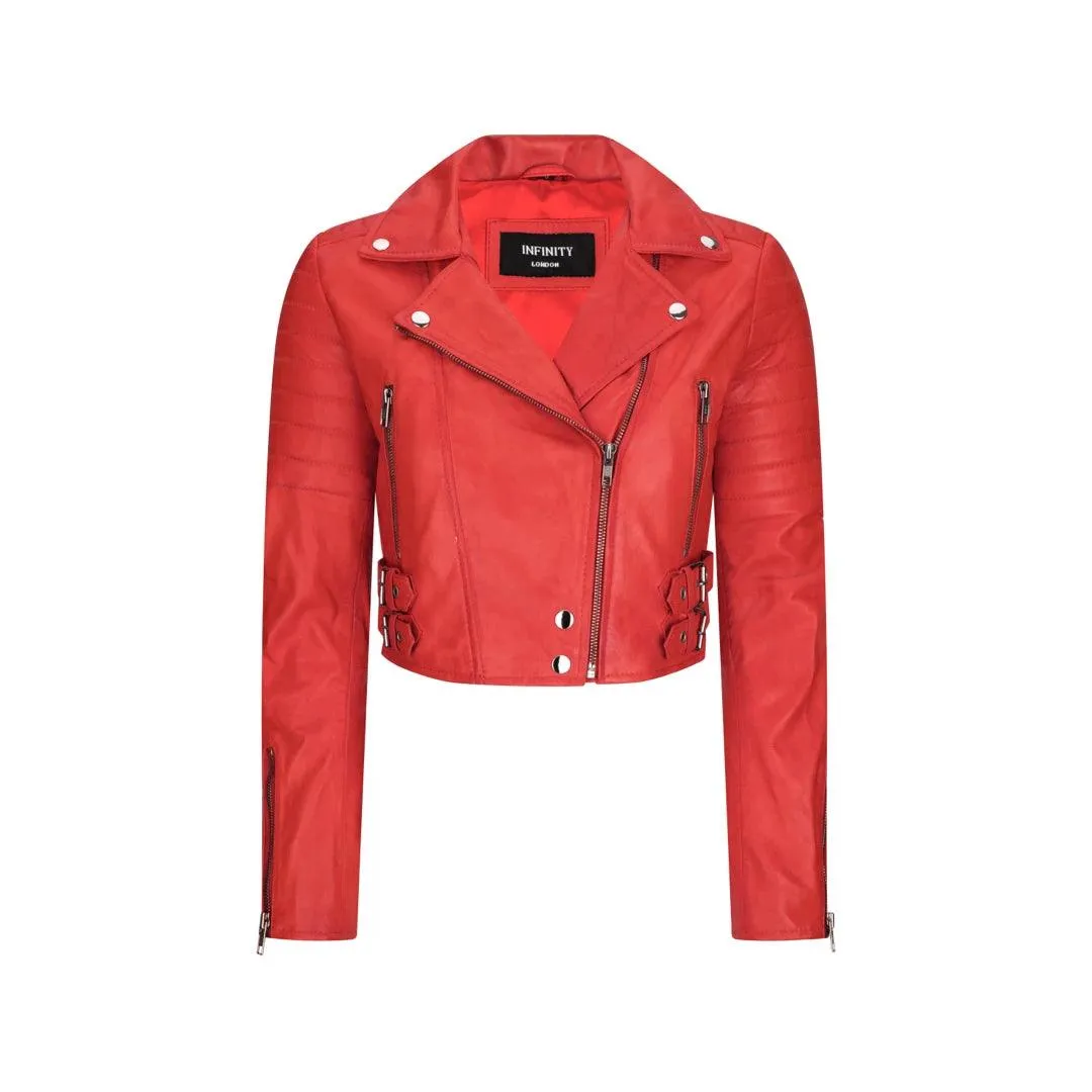 Womens Short Real Leather Jacket Cross Zip Biker Slim Fit Brando Soft Classic