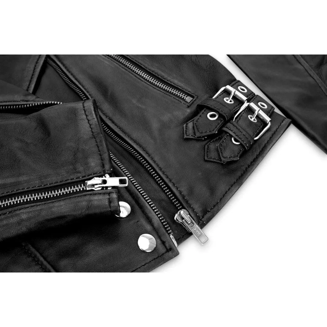Womens Short Real Leather Jacket Cross Zip Biker Slim Fit Brando Soft Classic