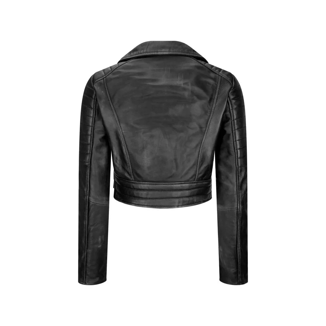 Womens Short Real Leather Jacket Cross Zip Biker Slim Fit Brando Soft Classic