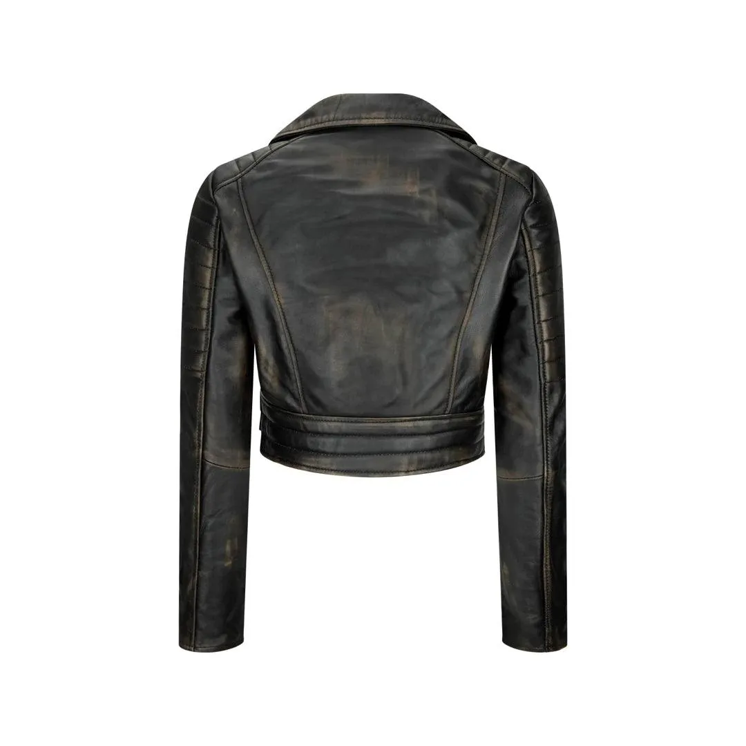 Womens Short Real Leather Jacket Cross Zip Biker Slim Fit Brando Soft Classic