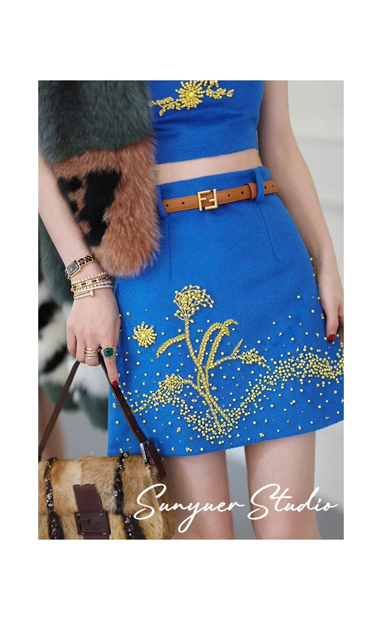 Wool hand-beaded yellow crystal stones  top   skirt two-piece set - oiego